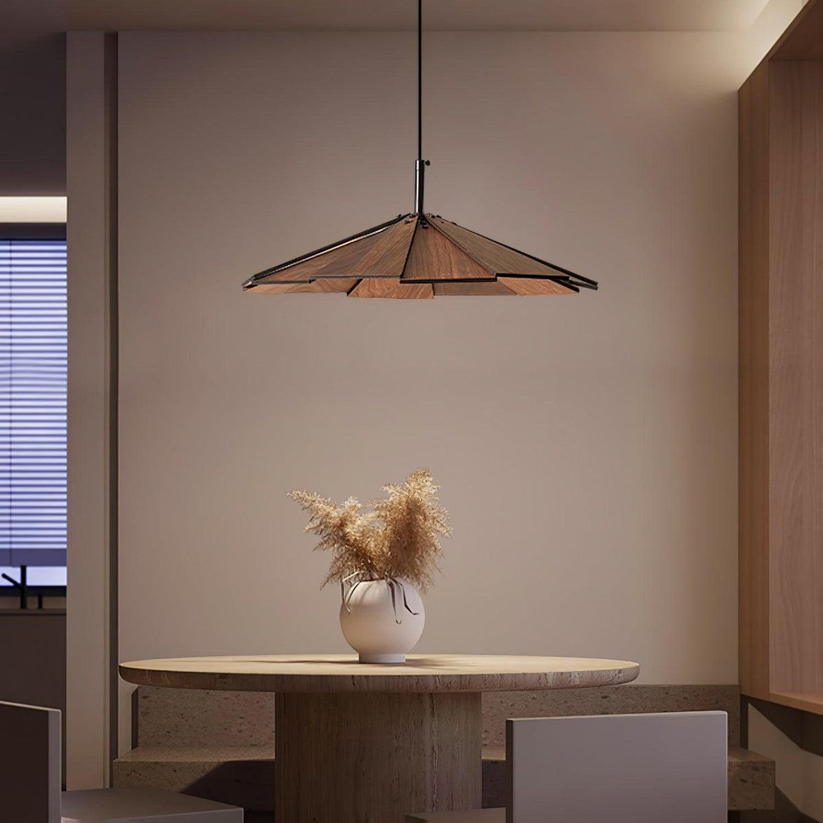 Wooden Umbrella Pendant Light Metal | Sloped Ceiling Compatible | Integrated LED with Adjustable Height Hanging Cable