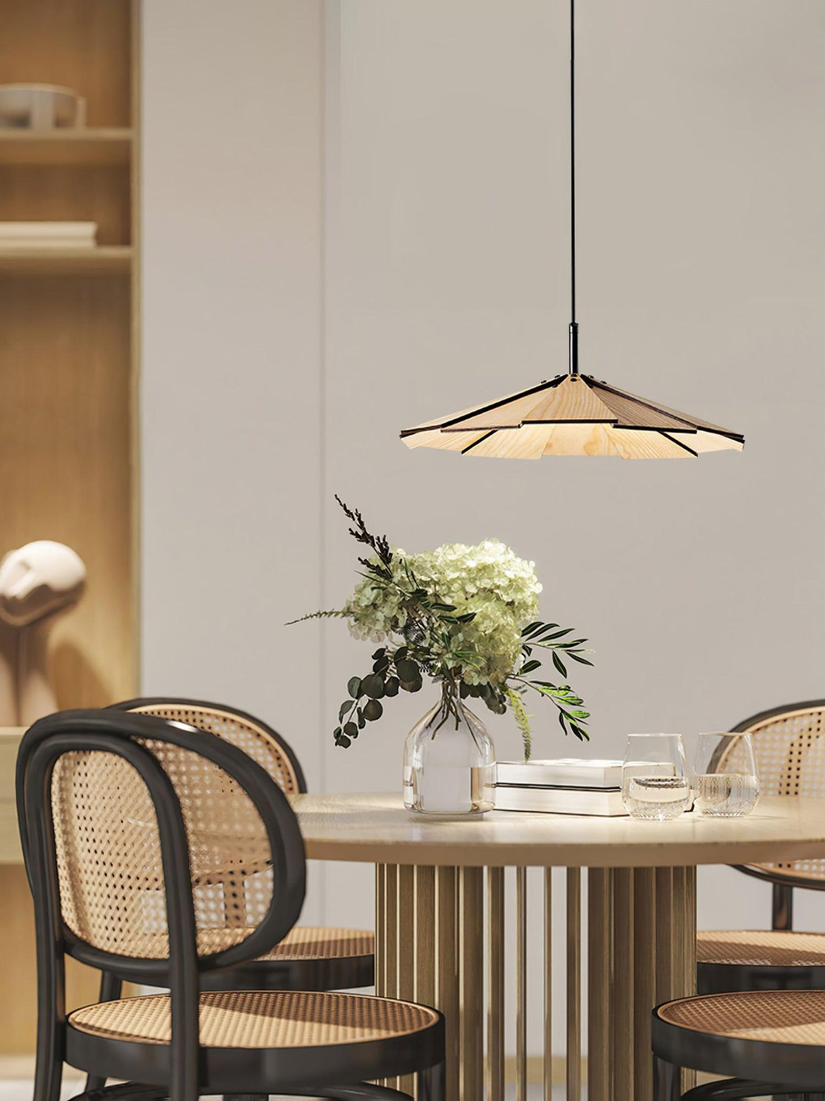 Wooden Umbrella Pendant Light Metal | Sloped Ceiling Compatible | Integrated LED with Adjustable Height Hanging Cable