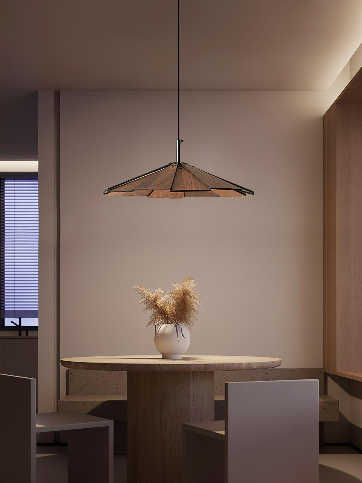 Wooden Umbrella Pendant Light Metal | Sloped Ceiling Compatible | Integrated LED with Adjustable Height Hanging Cable