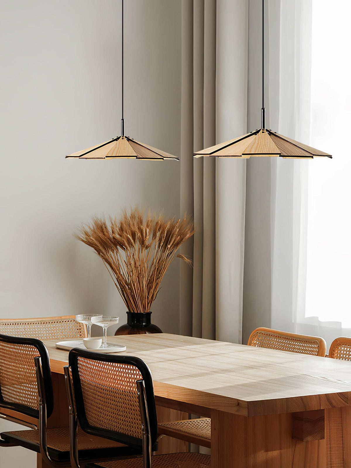 Wooden Umbrella Pendant Light Metal | Sloped Ceiling Compatible | Integrated LED with Adjustable Height Hanging Cable