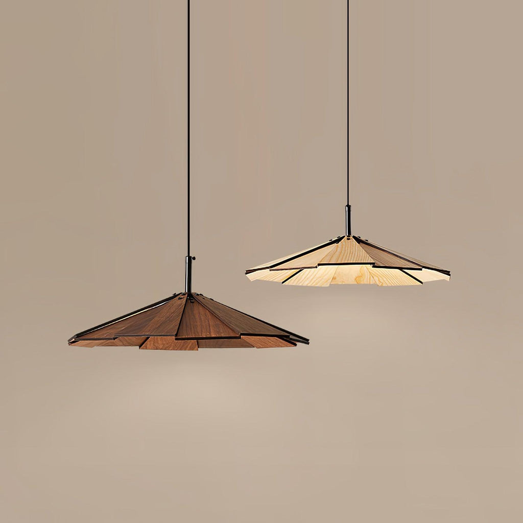 Wooden Umbrella Pendant Light Metal | Sloped Ceiling Compatible | Integrated LED with Adjustable Height Hanging Cable