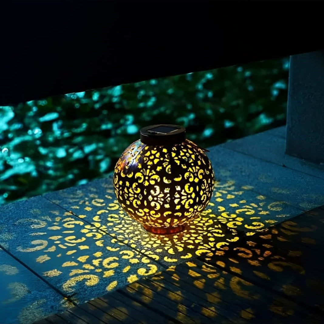Solar Garden Lantern Antique Globe | Hollow Pattern Design | Wireless Solar Powered Outdoor Decorative Illumination