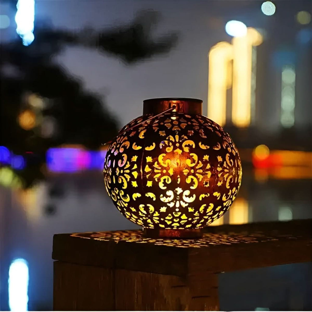 Solar Garden Lantern Antique Globe | Hollow Pattern Design | Wireless Solar Powered Outdoor Decorative Illumination