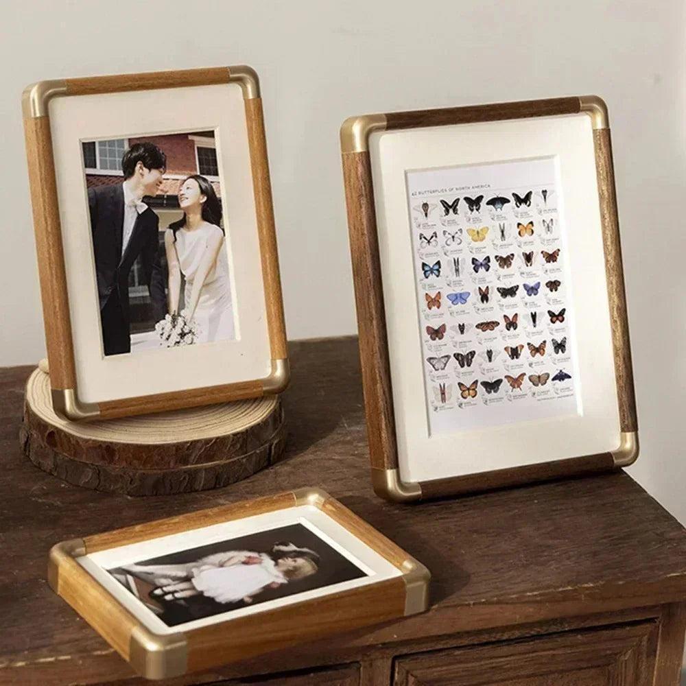 Solid Walnut Wood Photo Frame with Gold Metal Corner Fittings | Includes Passe-Partout | Free-Standing Tabletop Display