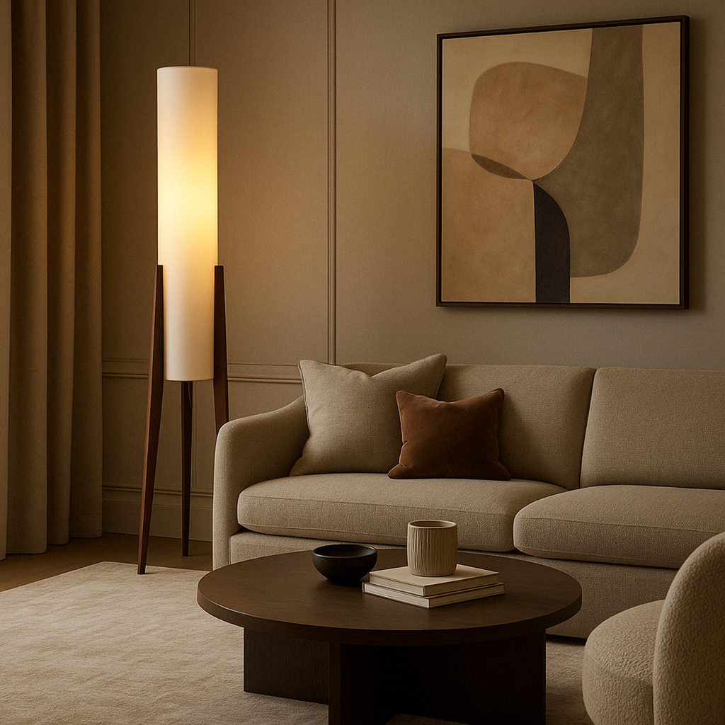 Solid Walnut Floor Lamp – Tripod Wood Base With Cylindrical Fabric Shade