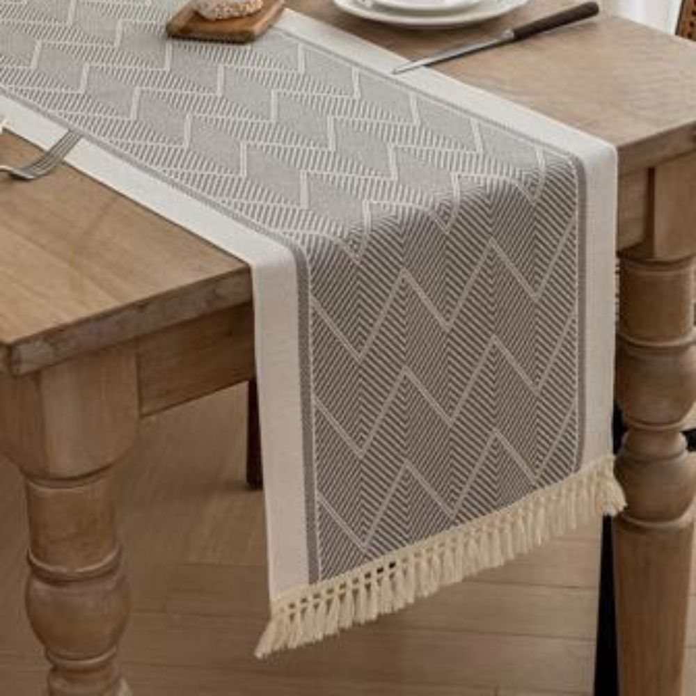 Woven Table Runner Microfiber Blend | Zigzag Pattern with Fringes | Protects Dining Surfaces from Heat and Scratches
