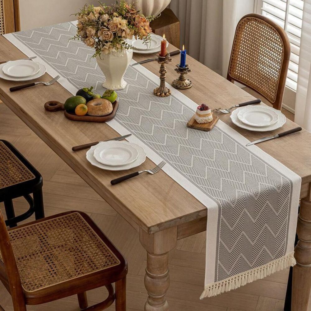 Woven Table Runner Microfiber Blend | Zigzag Pattern with Fringes | Protects Dining Surfaces from Heat and Scratches