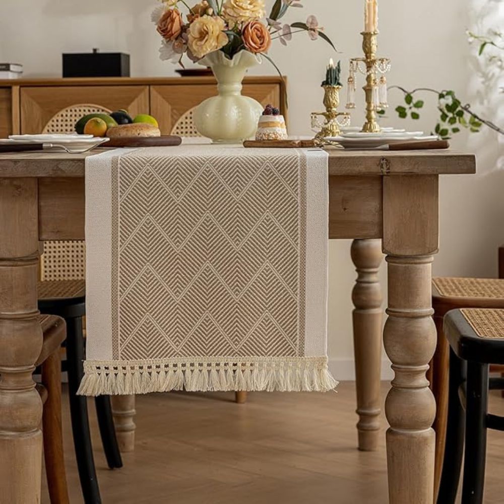 Woven Table Runner Microfiber Blend | Zigzag Pattern with Fringes | Protects Dining Surfaces from Heat and Scratches