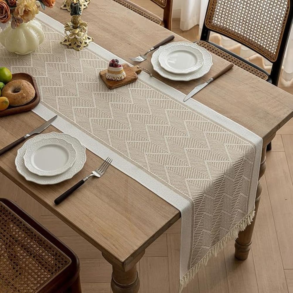 Woven Table Runner Microfiber Blend | Zigzag Pattern with Fringes | Protects Dining Surfaces from Heat and Scratches