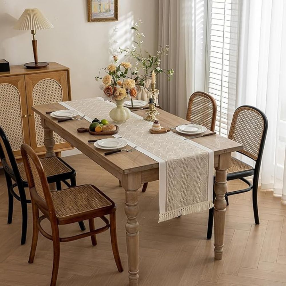 Woven Table Runner Microfiber Blend | Zigzag Pattern with Fringes | Protects Dining Surfaces from Heat and Scratches