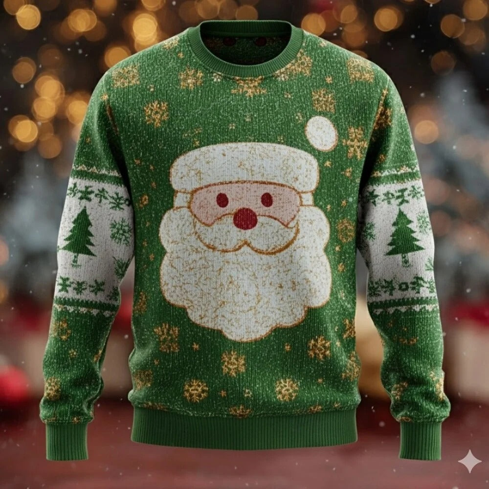 Men's Christmas Sweater – 3D Santa Claus Face Fuzzy Knit Pullover with Long Sleeves