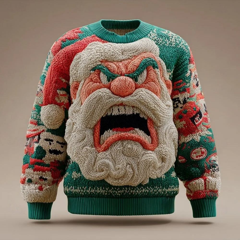 Men's Christmas Sweater – 3D Santa Claus Face Fuzzy Knit Pullover with Long Sleeves