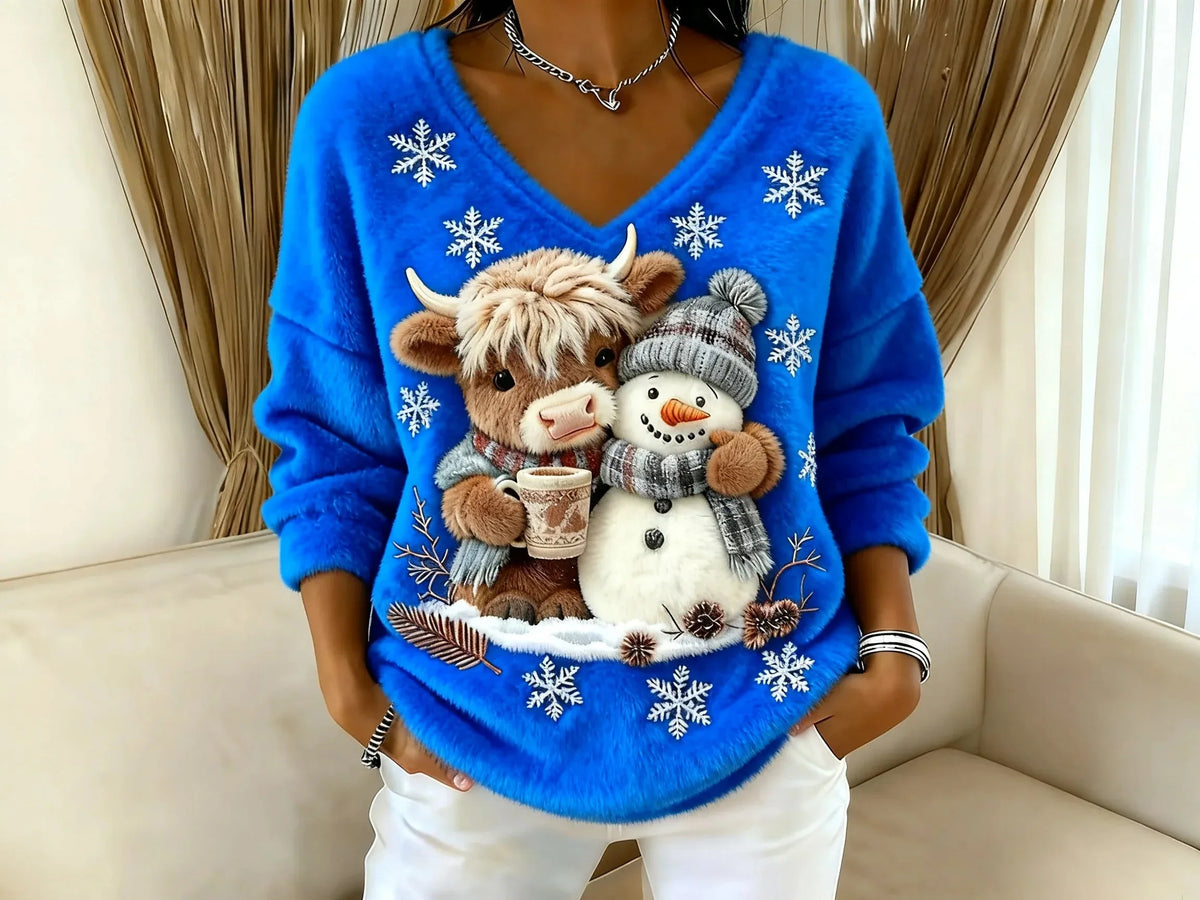 Women's Festive Christmas Sweater with Reindeer and Snowman Motif | Warm Holiday Knit Jumper for Winter Festive Celebrations