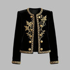 Women's Black Velvet Jacket – Gold Floral Embroidered Long Sleeve Button-Up Coat