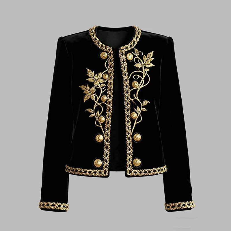 Women's Black Velvet Jacket – Gold Floral Embroidered Long Sleeve Button-Up Coat