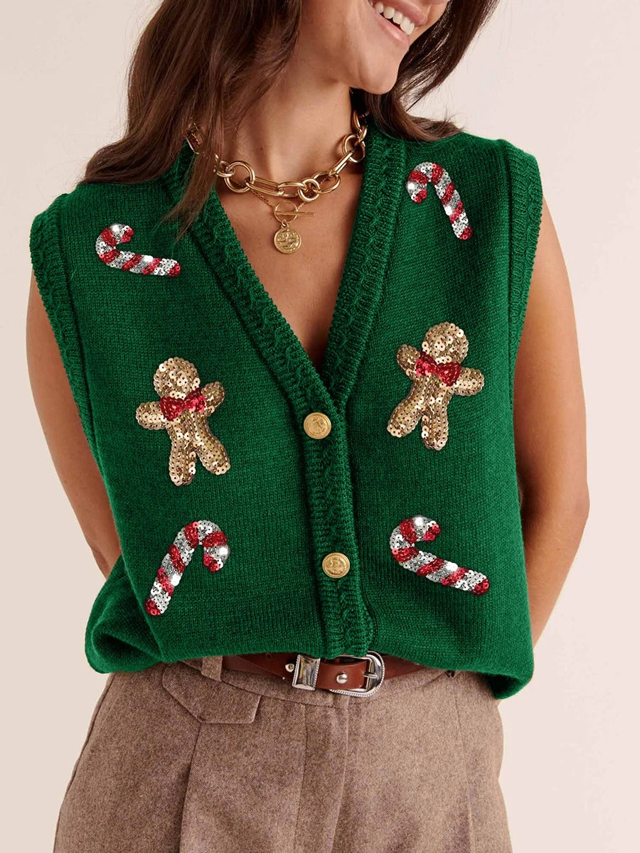 Women's Christmas Sweater Vest – Festive Sequin Gingerbread Men and Candy Cane Button-Up Cardigan