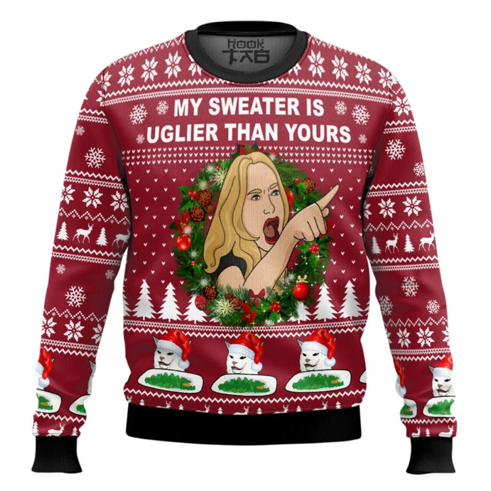 Unisex Funny Christmas Sweater – Screaming Cat Meme Graphic Holiday Pullover