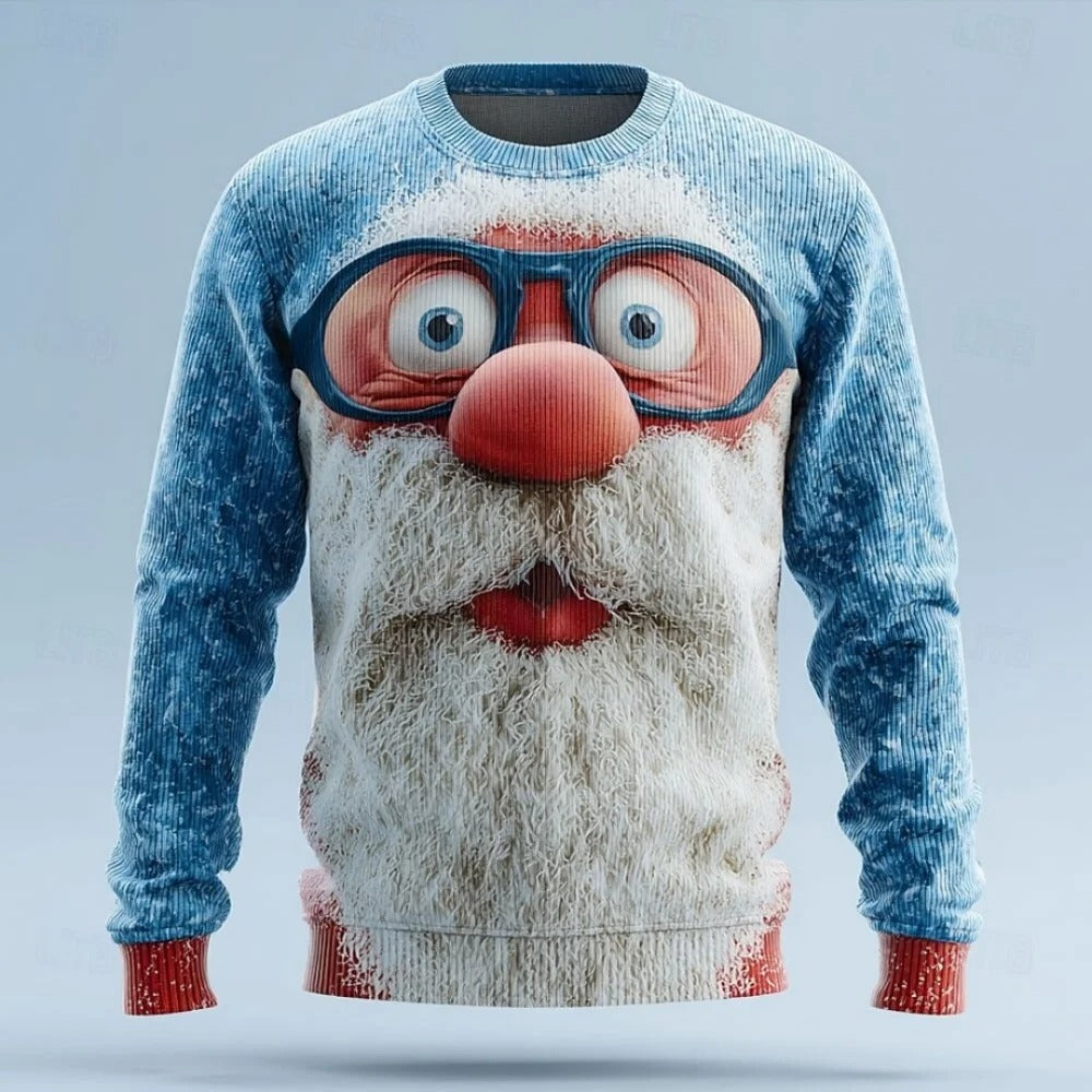 Men's Christmas Sweater – 3D Santa Claus Face Fuzzy Knit Pullover with Long Sleeves
