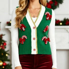 Women's Christmas Sweater Vest – Festive Sequin Gingerbread Men and Candy Cane Button-Up Cardigan