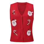 Women's Christmas Sweater Vest – Festive Sequin Gingerbread Men and Candy Cane Button-Up Cardigan