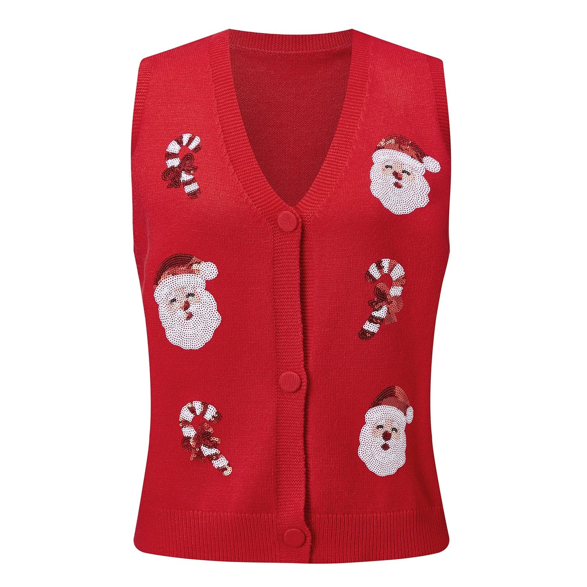 Women's Christmas Sweater Vest – Festive Sequin Gingerbread Men and Candy Cane Button-Up Cardigan