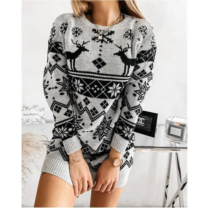 Women's Christmas Knit Sweater Dress – Reindeer and Snowflake Pattern Long Sleeve Pullover