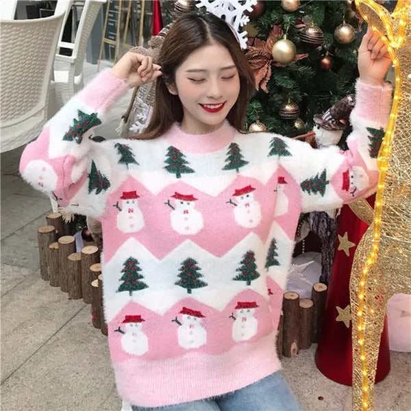Women's Christmas Sweater with Snowman and Christmas Tree Print – Cozy Knit Pullover
