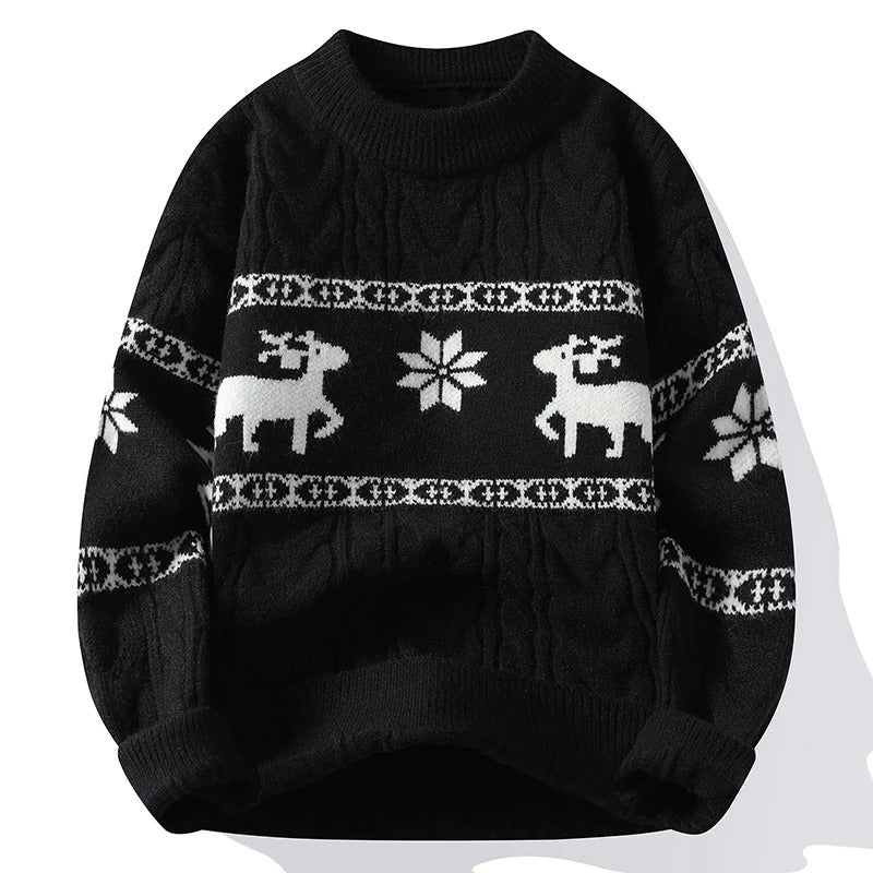 Men's Christmas Sweater – Cable Knit Reindeer and Snowflake Winter Pullover