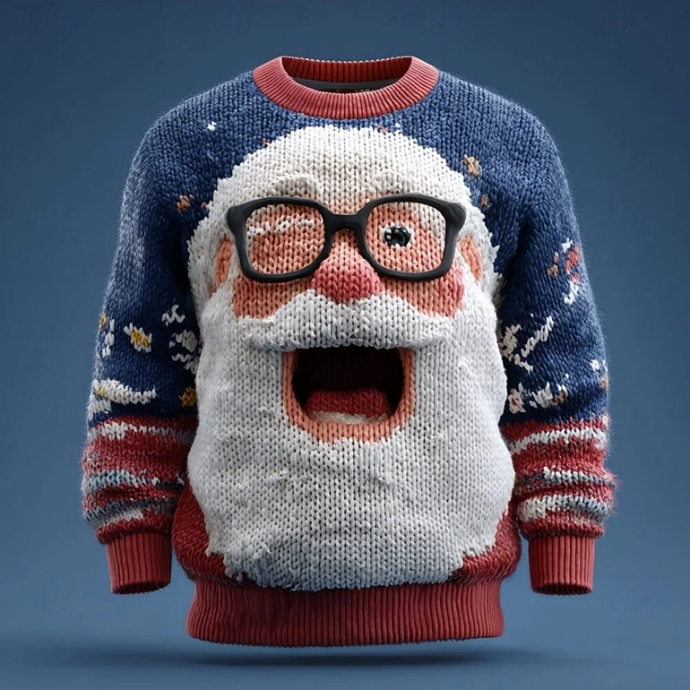 Men's Christmas Sweater – 3D Santa Claus Face Fuzzy Knit Pullover with Long Sleeves