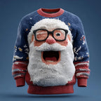 Men's Christmas Sweater – 3D Santa Claus Face Fuzzy Knit Pullover with Long Sleeves