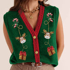 Women's Christmas Sweater Vest – Festive Sequin Gingerbread Men and Candy Cane Button-Up Cardigan