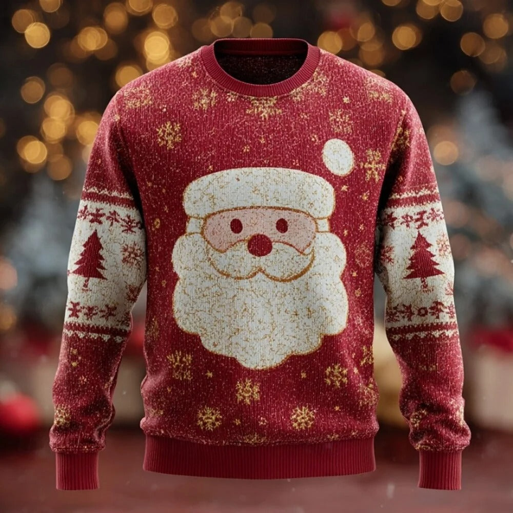 Men's Christmas Sweater – 3D Santa Claus Face Fuzzy Knit Pullover with Long Sleeves