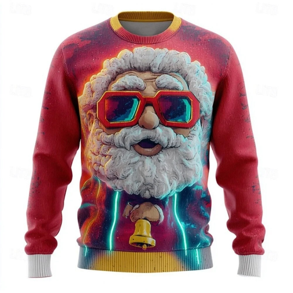 Men's Christmas Sweater – 3D Santa Claus Face Fuzzy Knit Pullover with Long Sleeves