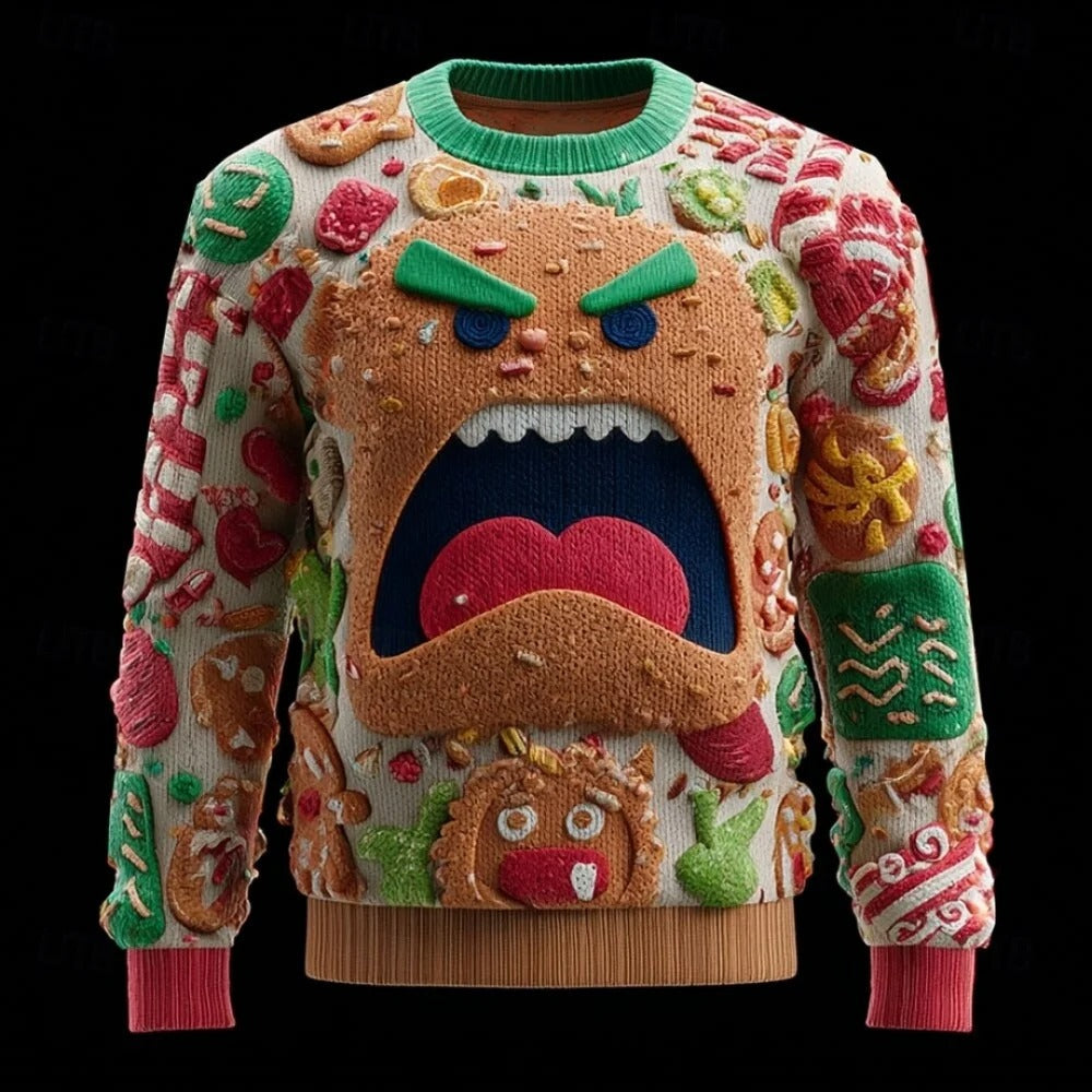 Men's Christmas Sweater – 3D Santa Claus Face Fuzzy Knit Pullover with Long Sleeves