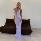 Women's Red Sequin Christmas Party Dress – Spaghetti Strap V-Neck Floor-Length Gown