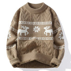 Men's Christmas Sweater – Cable Knit Reindeer and Snowflake Winter Pullover