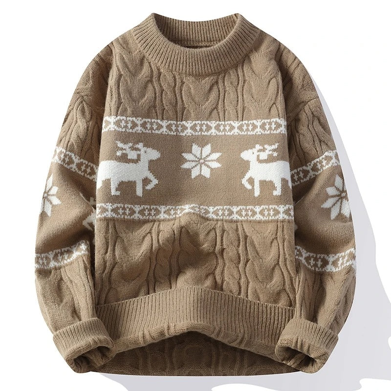 Men's Christmas Sweater – Cable Knit Reindeer and Snowflake Winter Pullover