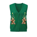 Women's Christmas Sweater Vest – Festive Sequin Gingerbread Men and Candy Cane Button-Up Cardigan