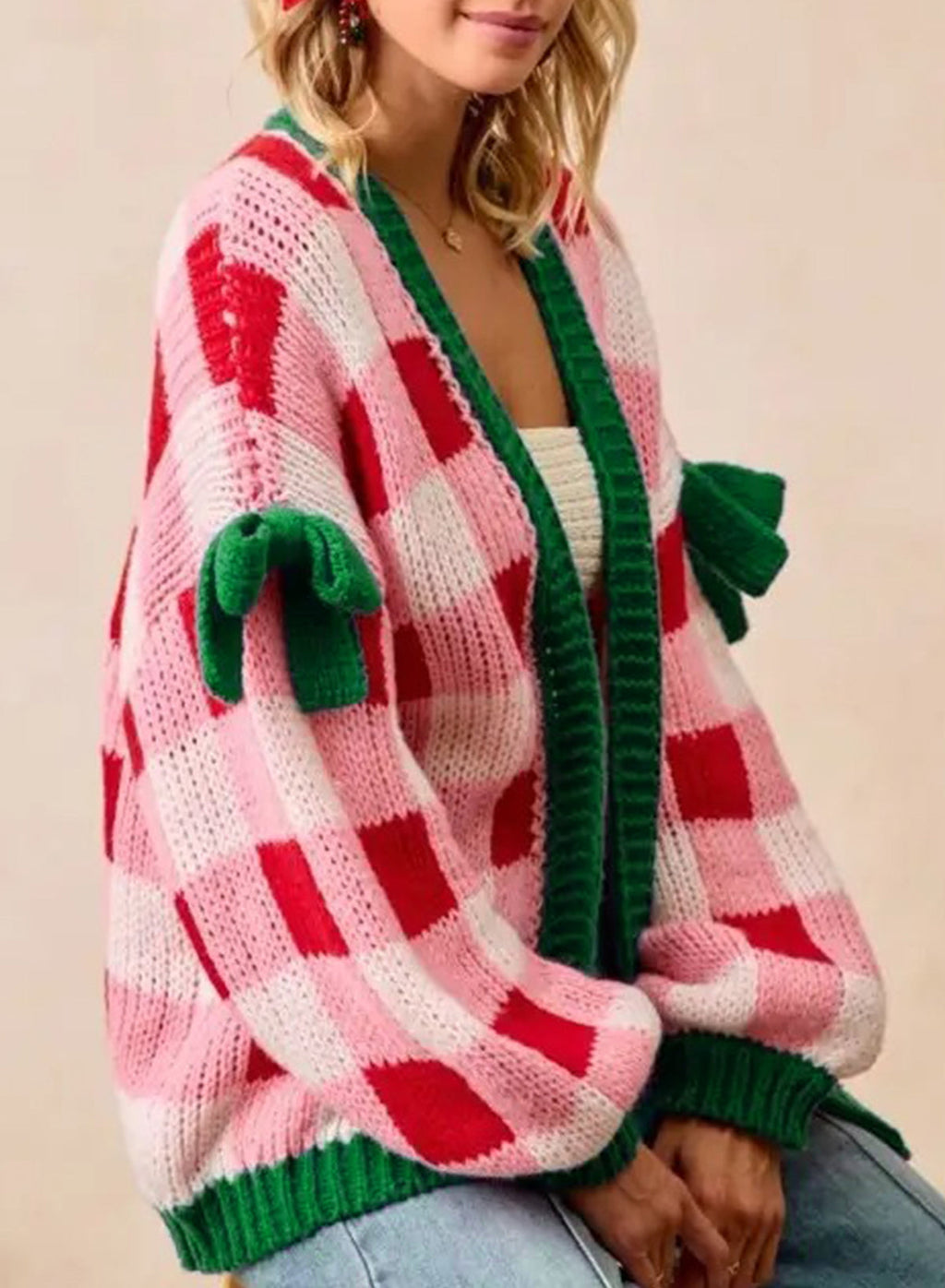 Women's Pink Plaid Christmas Cardigan – Open Front Knit Sweater with Green Trim and Bow Details