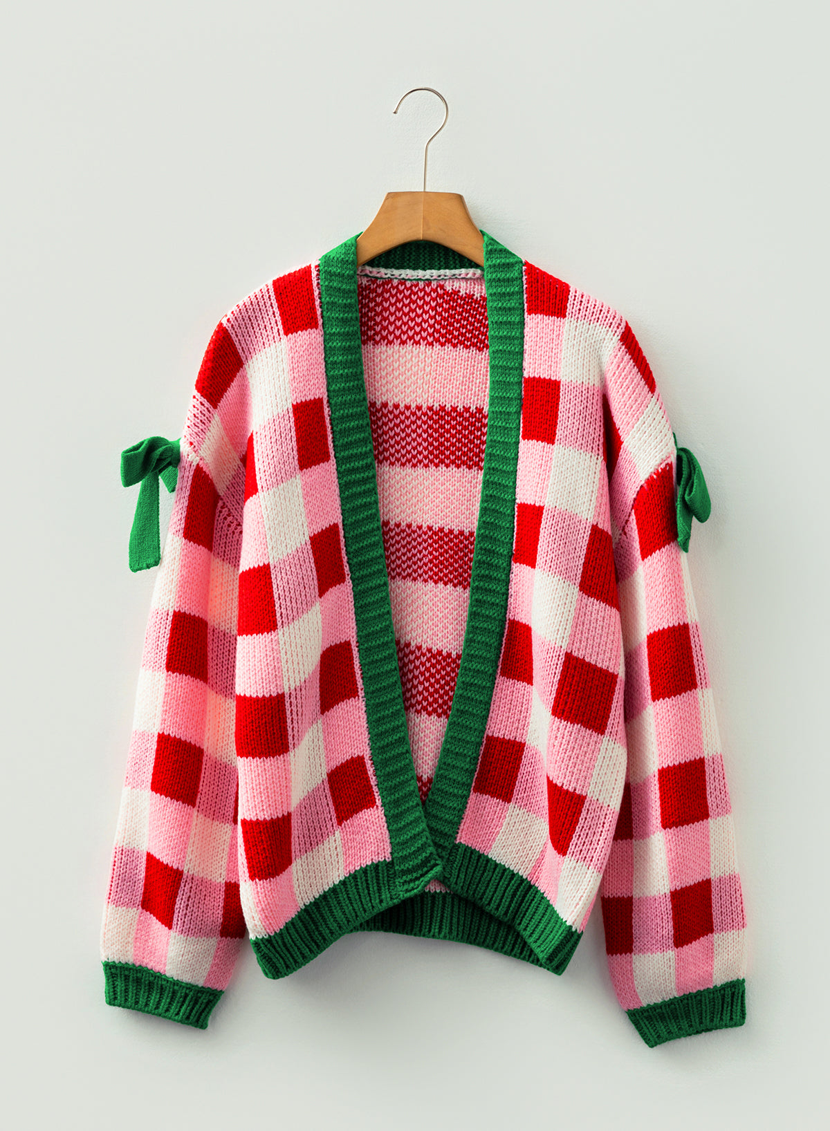 Women's Pink Plaid Christmas Cardigan – Open Front Knit Sweater with Green Trim and Bow Details