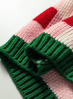 Women's Pink Plaid Christmas Cardigan – Open Front Knit Sweater with Green Trim and Bow Details