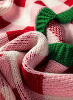 Women's Pink Plaid Christmas Cardigan – Open Front Knit Sweater with Green Trim and Bow Details