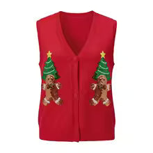 Women's Christmas Sweater Vest – Festive Sequin Gingerbread Men and Candy Cane Button-Up Cardigan