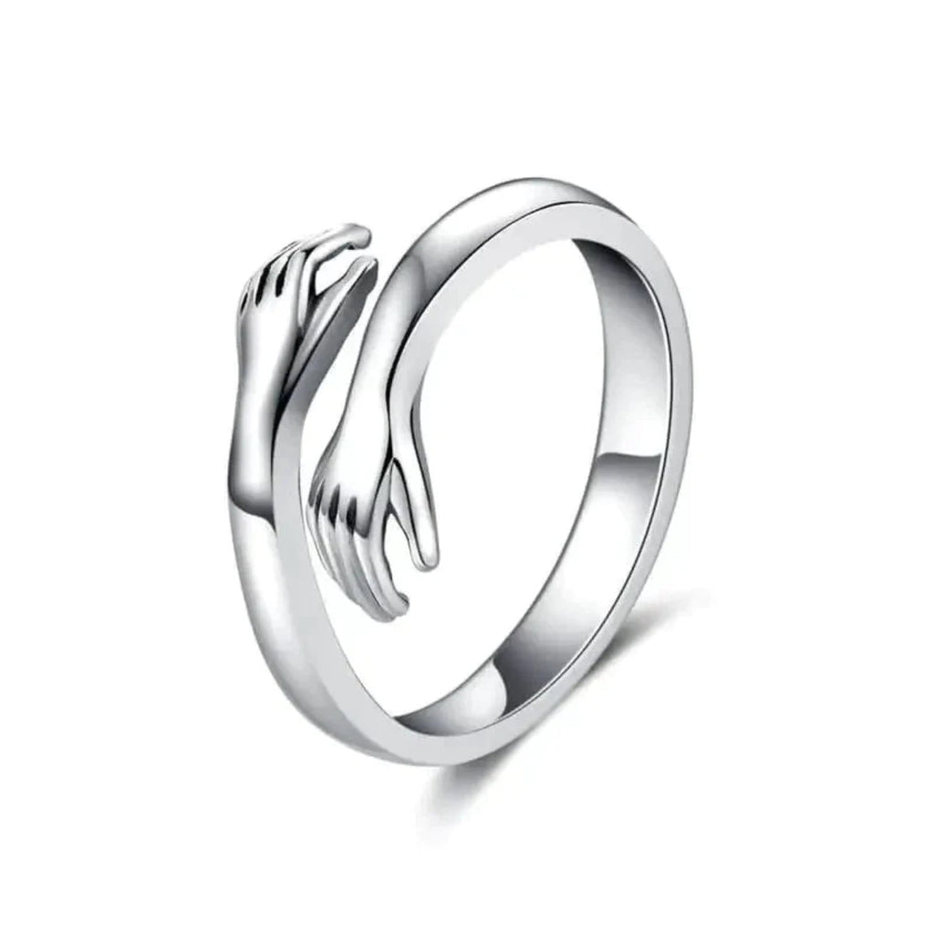 Hugging Hands Ring Adjustable Stainless Steel Band - Symbolic Love and Connection Jewelry Gift for Women and Men - Open Wrap Style