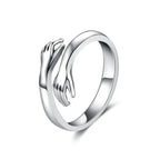 Hugging Hands Ring Adjustable Stainless Steel Band - Symbolic Love and Connection Jewelry Gift for Women and Men - Open Wrap Style