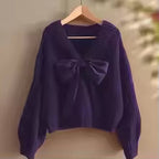 Women's V-Neck Knit Sweater with Large Bow – Elegant Batwing Sleeve Pullover