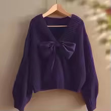 Women's V-Neck Knit Sweater with Large Bow – Elegant Batwing Sleeve Pullover
