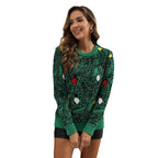 Women's Christmas Sweater – Green Jacquard Knit Pullover with Festive Ornaments