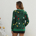 Women's Christmas Sweater – Green Jacquard Knit Pullover with Festive Ornaments