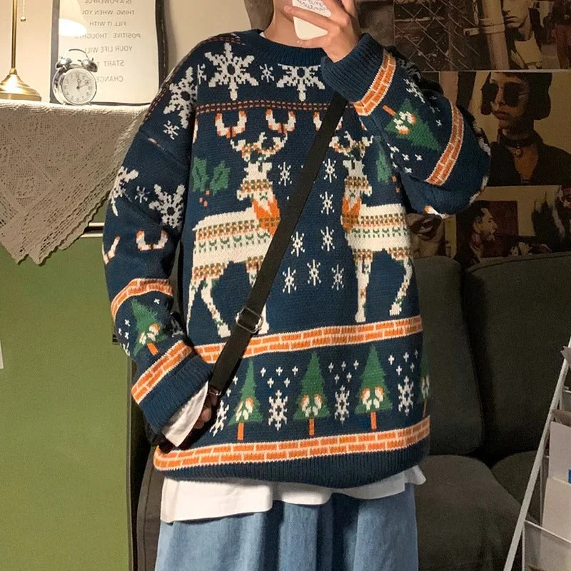 Unisex Christmas Moose Print Sweater – Long Sleeve Festive Knit Pullover